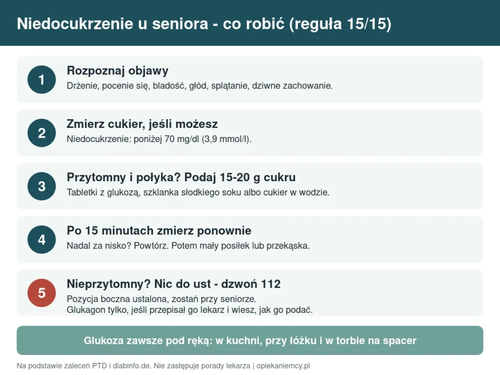 Infografika: niedocukrzenie u seniora - co robić krok po kroku, reguła 15/15